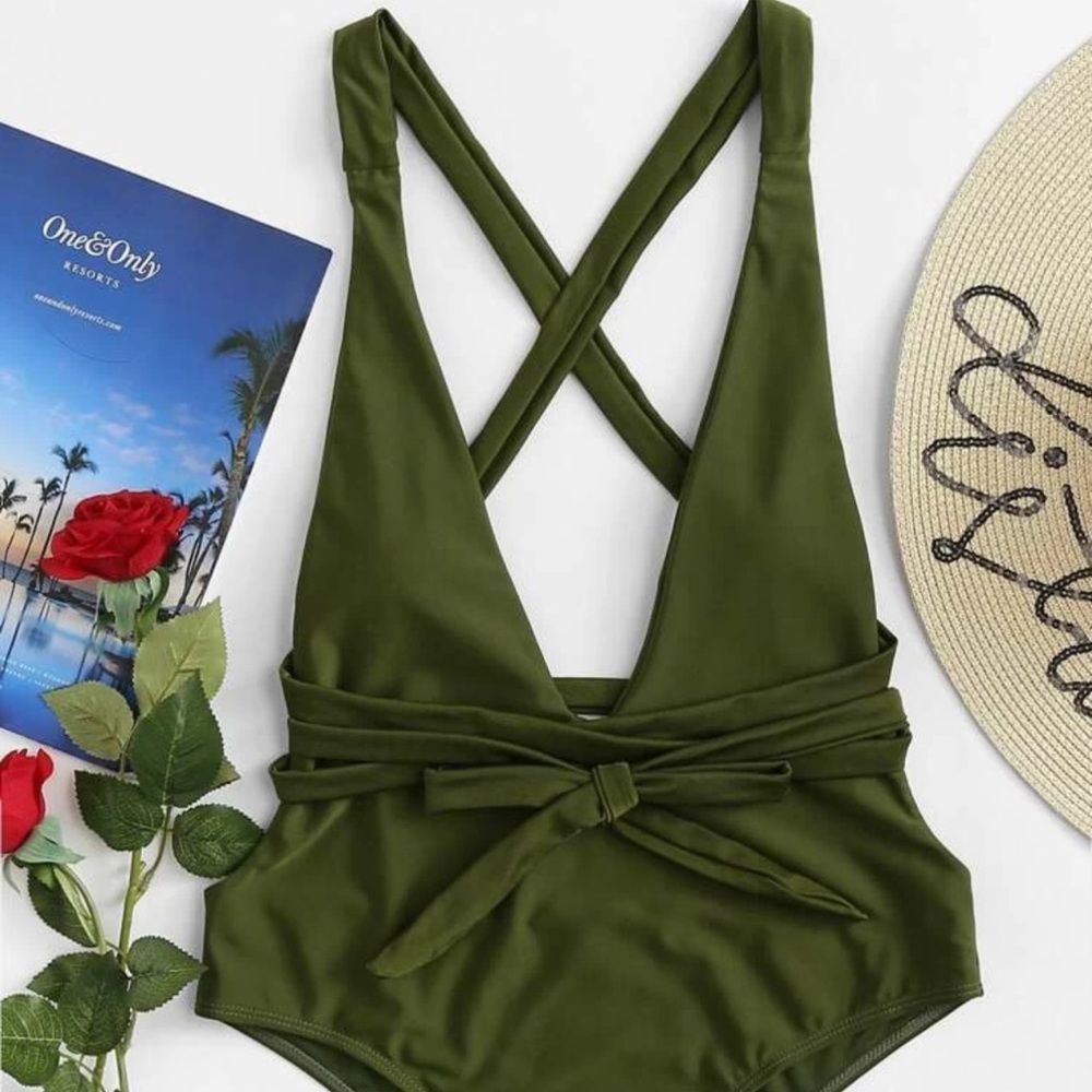 Shein Crossback Plunge Bow Tie Monokini Swimsuit One Piece Olive Size L